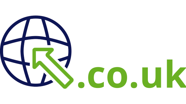 Internet landcode Engeland .co.uk - donkerblauwe open wereldbol - groene pijl - groene internetextensie op transparante achtergrond - 600 * 337 pixels 